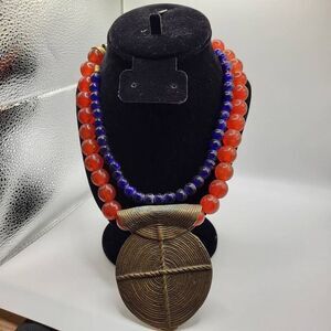Ashanti Ghana Double Strand 18 Inch Glass Bead Necklace With Brass Pendant